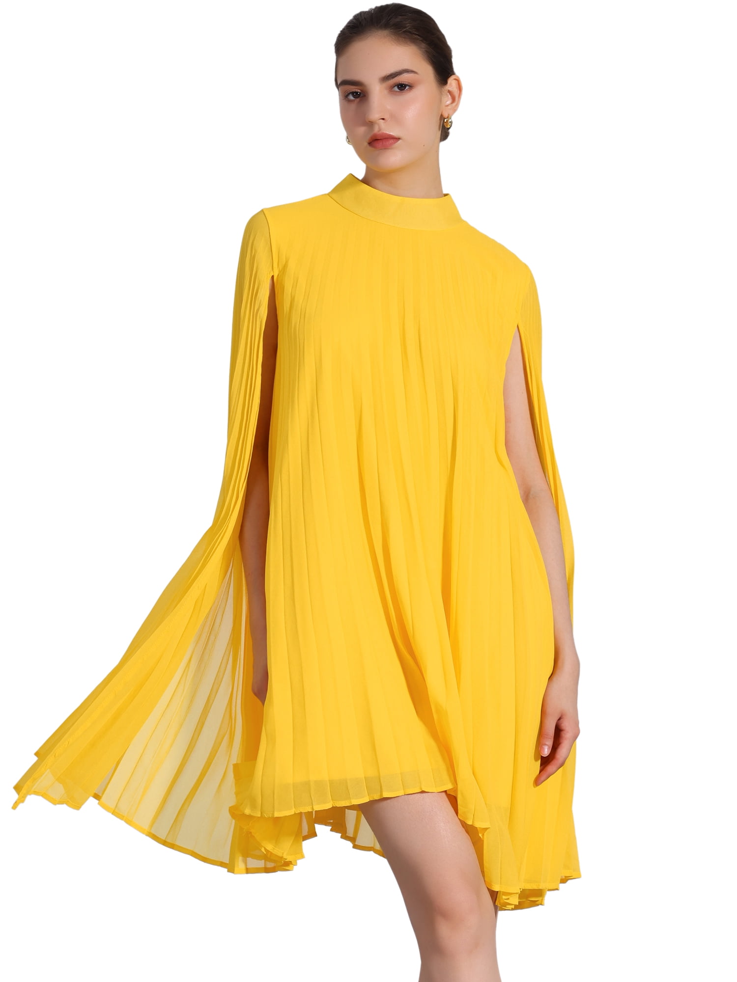 DARING DIVA Flowy Cloak Sleeve Cape Pleated Chiffon Dress XL Yellow