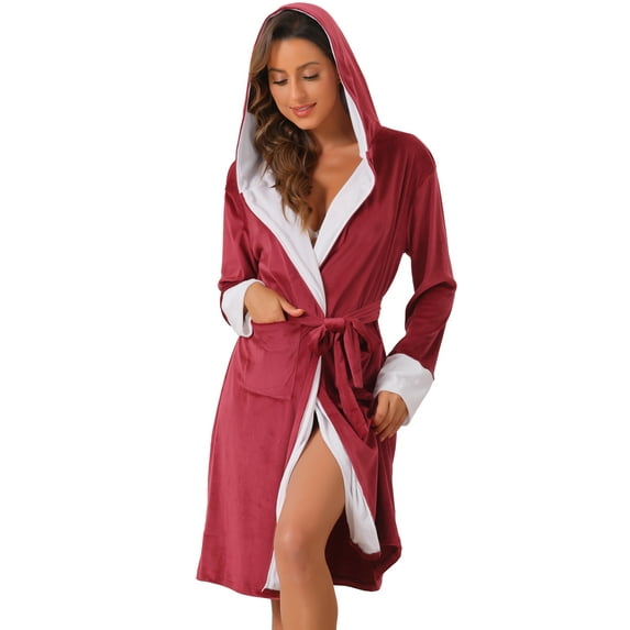DARING DIVA Fluffy Hooded Bathrobe Plush Long Spa Robe S Red