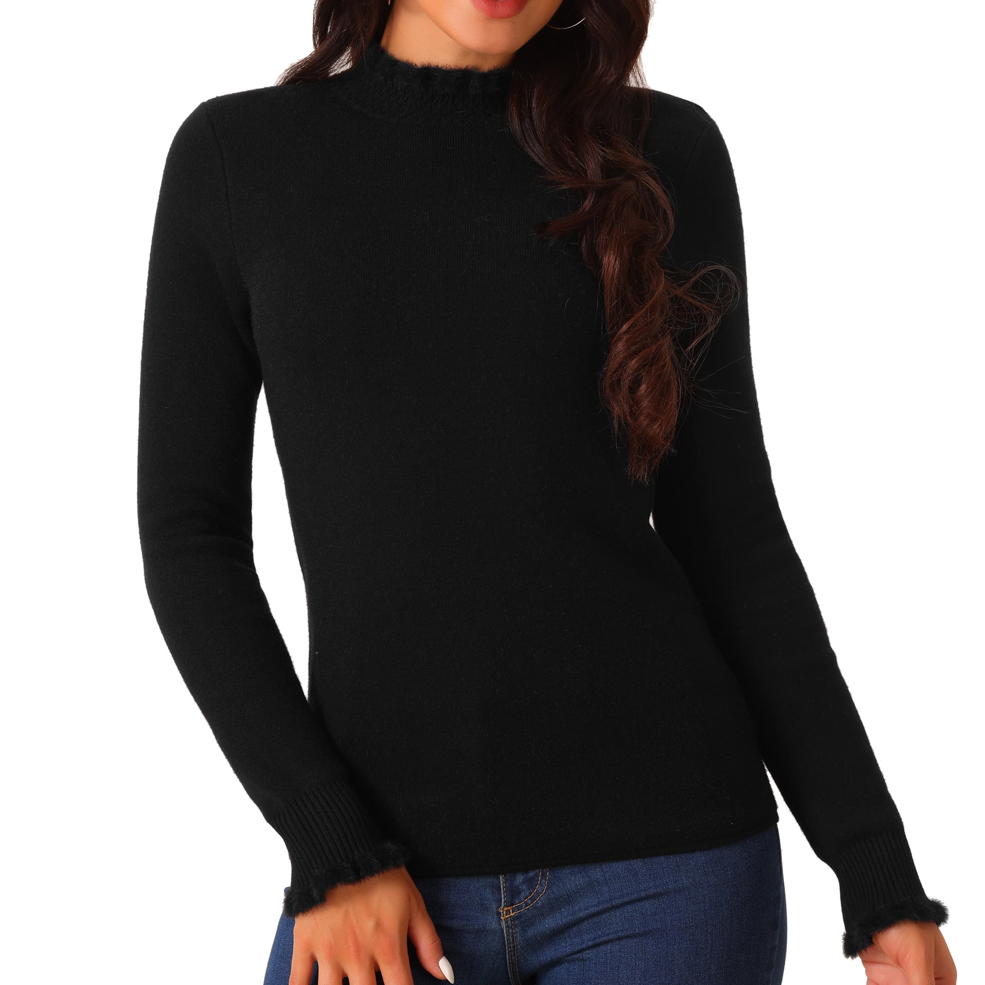 DARING DIVA Fluffy Lined Sweater Mock Neck Long Sleeve Top XL Black