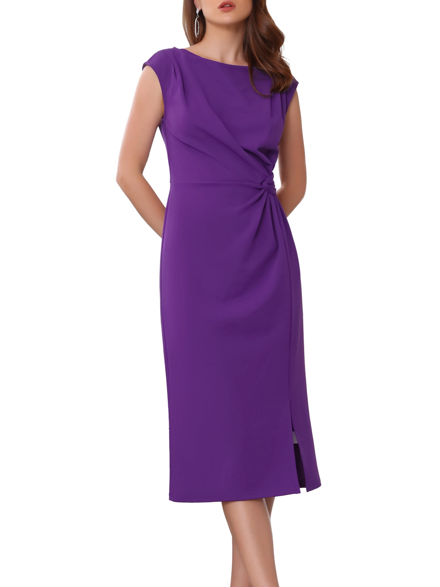 DARING DIVA Women's Sheath Boat Neck Formal Ruched Office Work Dress L Purple