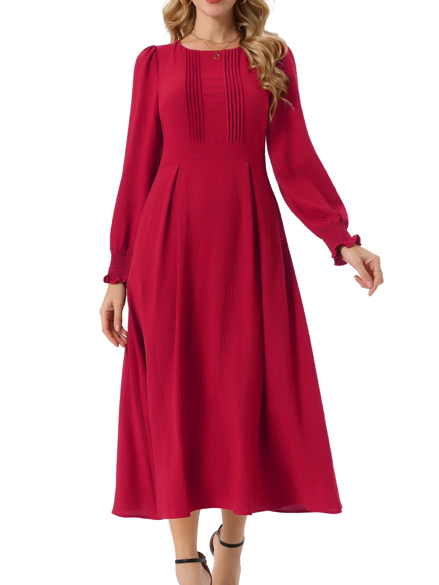DARING DIVA Frilled Crewneck Long Sleeve Midi Fall Dress L Red