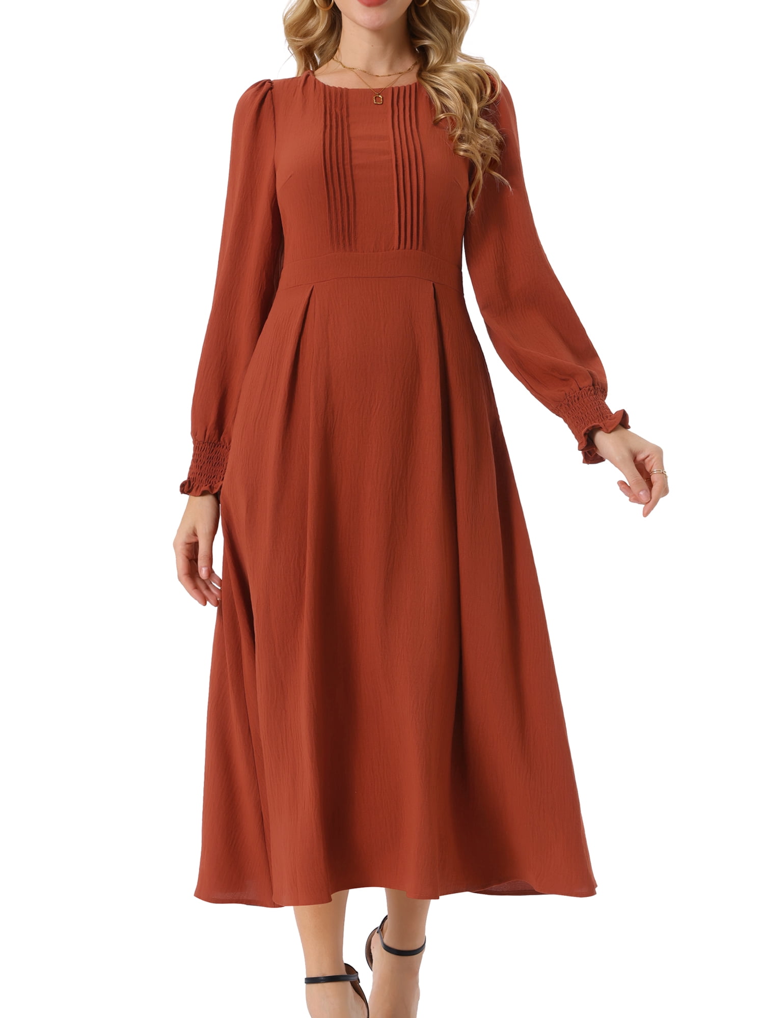 DARING DIVA Frilled Crewneck Long Sleeve Midi Fall Dress M Caramel