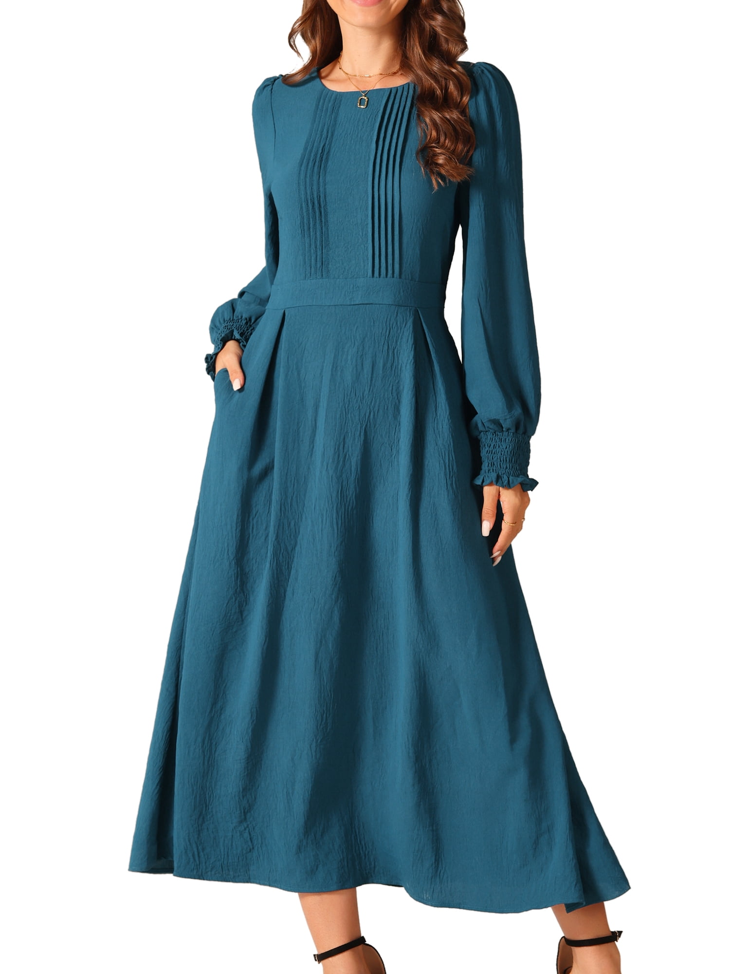 DARING DIVA Frilled Crewneck Long Sleeve Midi Fall Dress M Peacock Blue