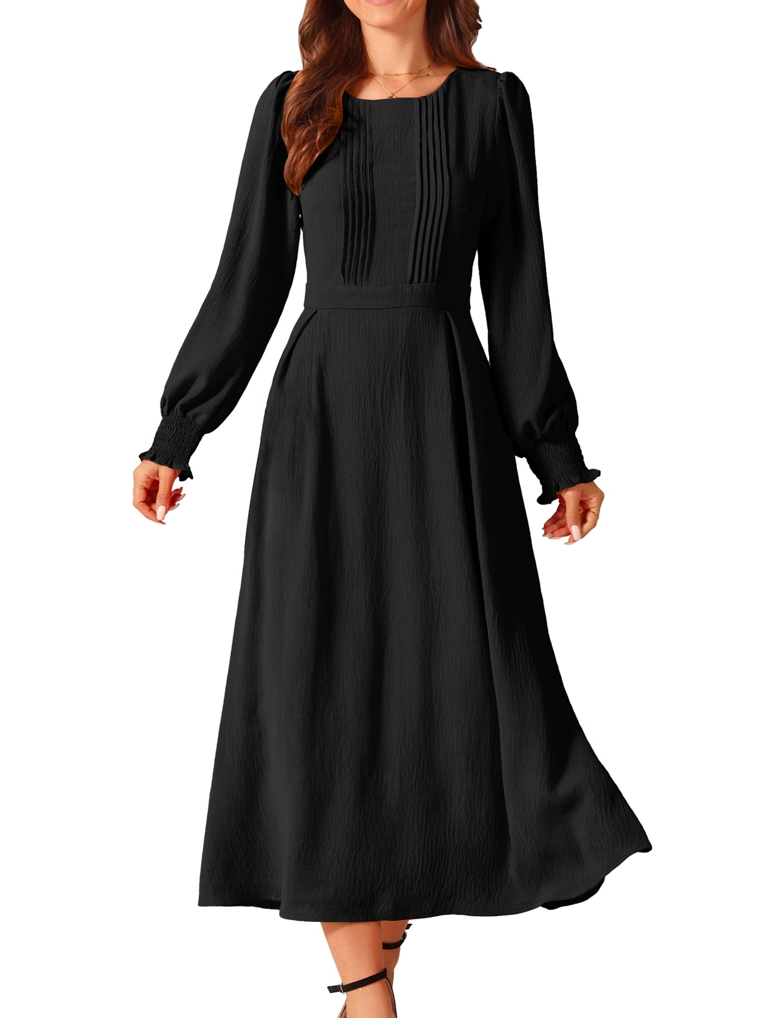DARING DIVA Frilled Crewneck Long Sleeve Midi Fall Dress S Black