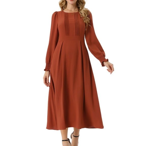 DARING DIVA Frilled Crewneck Long Sleeve Midi Fall Dress S Caramel