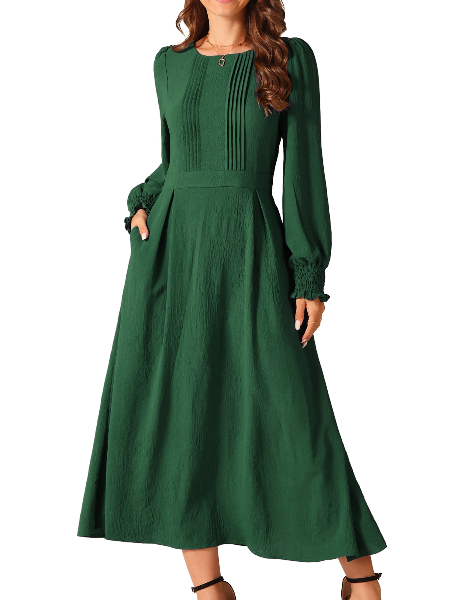 DARING DIVA Frilled Crewneck Long Sleeve Midi Fall Dress S Dark Green