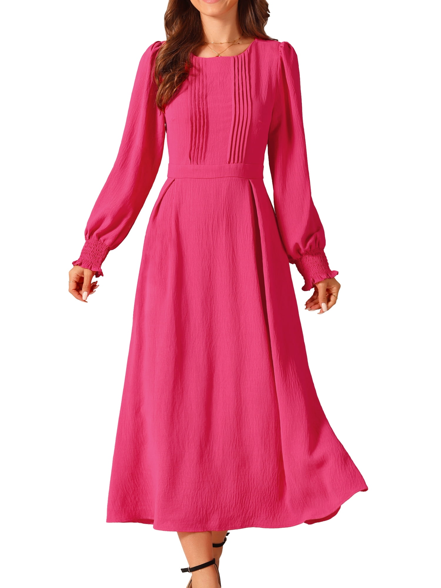 DARING DIVA Frilled Crewneck Long Sleeve Midi Fall Dress S Hot Pink