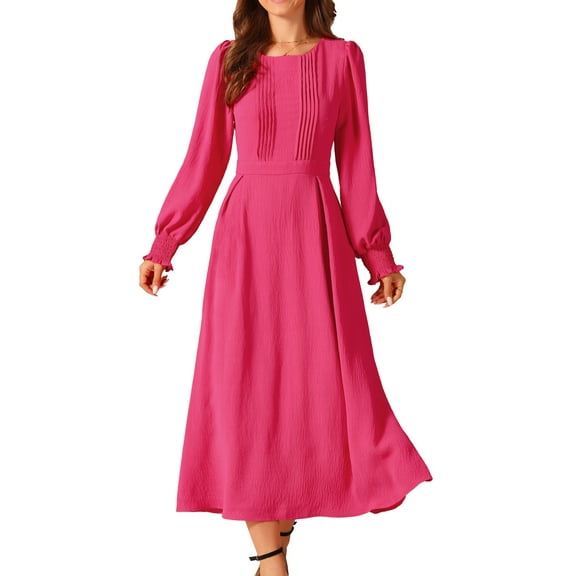 DARING DIVA Frilled Crewneck Long Sleeve Midi Fall Dress S Hot Pink