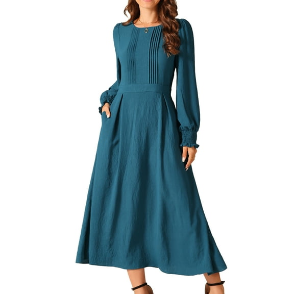 DARING DIVA Frilled Crewneck Long Sleeve Midi Fall Dress S Peacock Blue