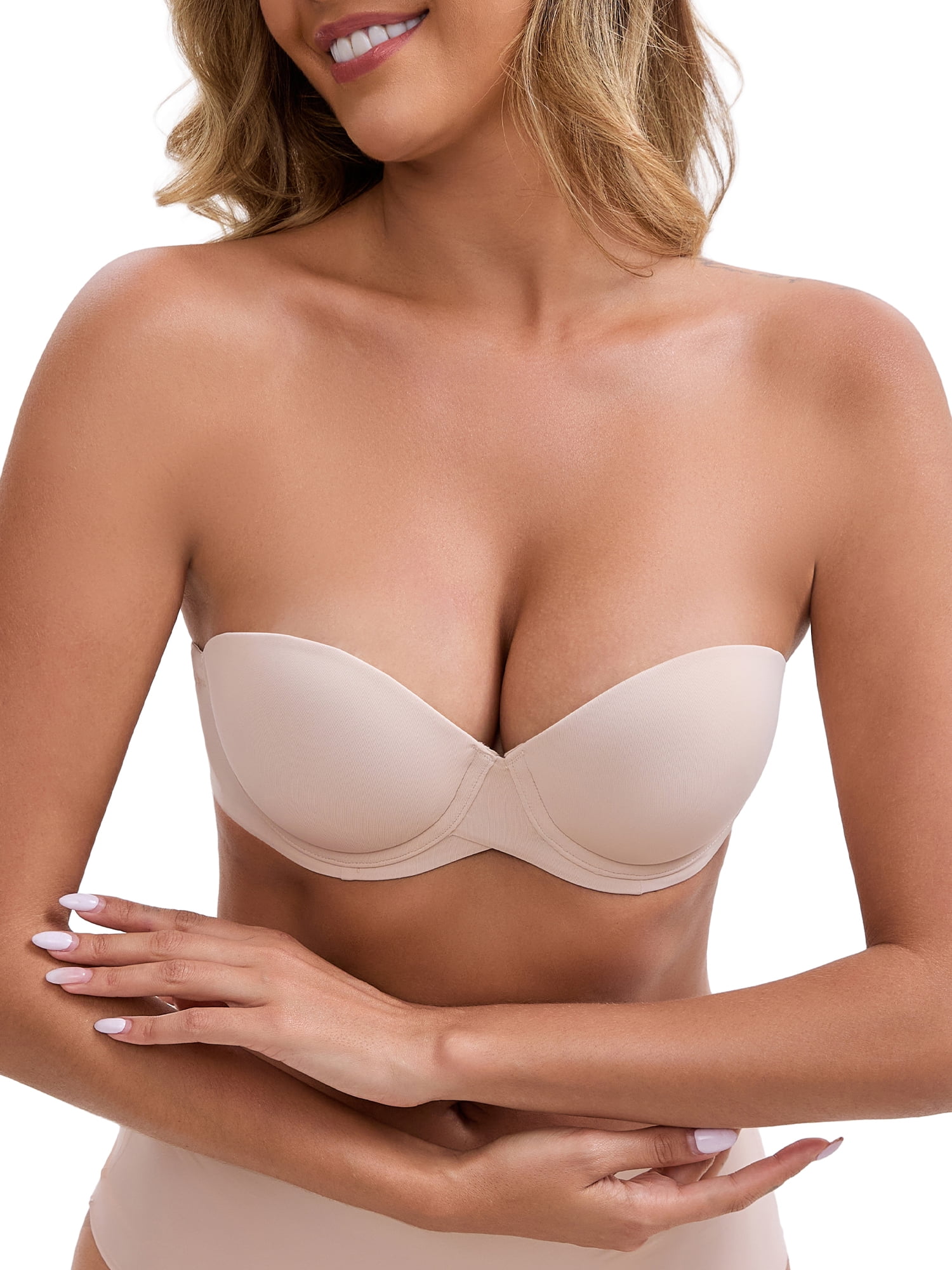 DARING DIVA Front Cross Underwire Strapless Non Slip Bandeau Lift Up Bra L Beige