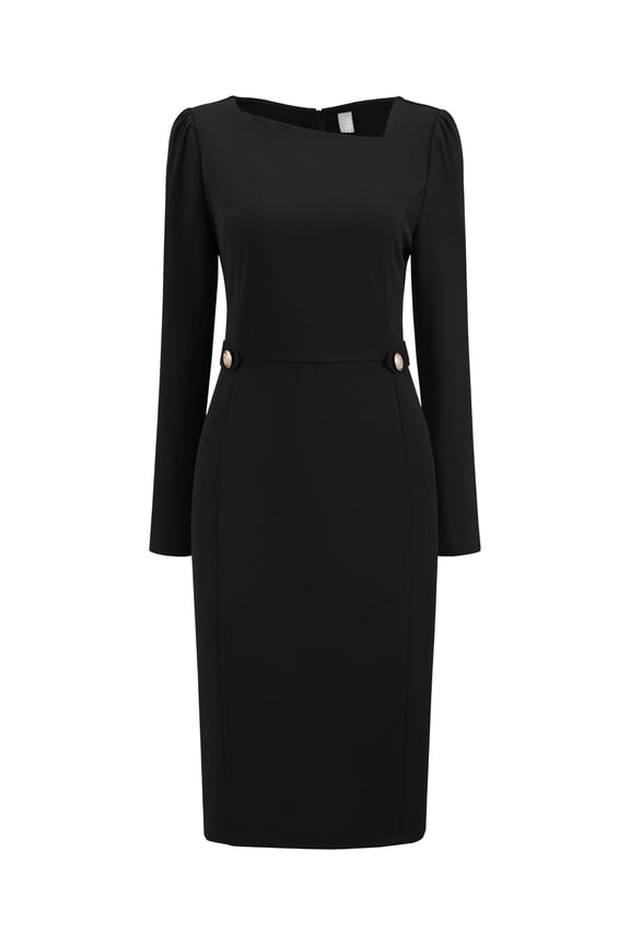 Women's Vintage Pencil Asymmetrical Neck Long Sleeves Dress L Black