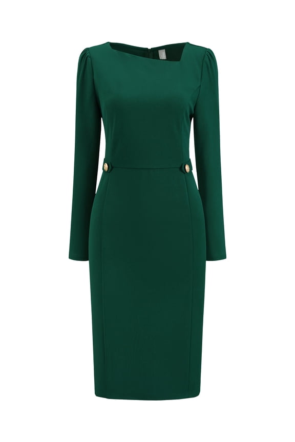 Women's Vintage Pencil Asymmetrical Neck Long Sleeves Dress L Green