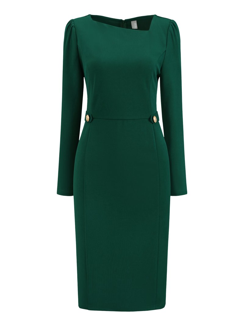 dark green dress with long sleeves Zapakasa Women Dark Green Chiffon Flowy Long Mother of the Bride Dress  Sheath Round Neck Wedding Guest Dress with Pocket main image 0