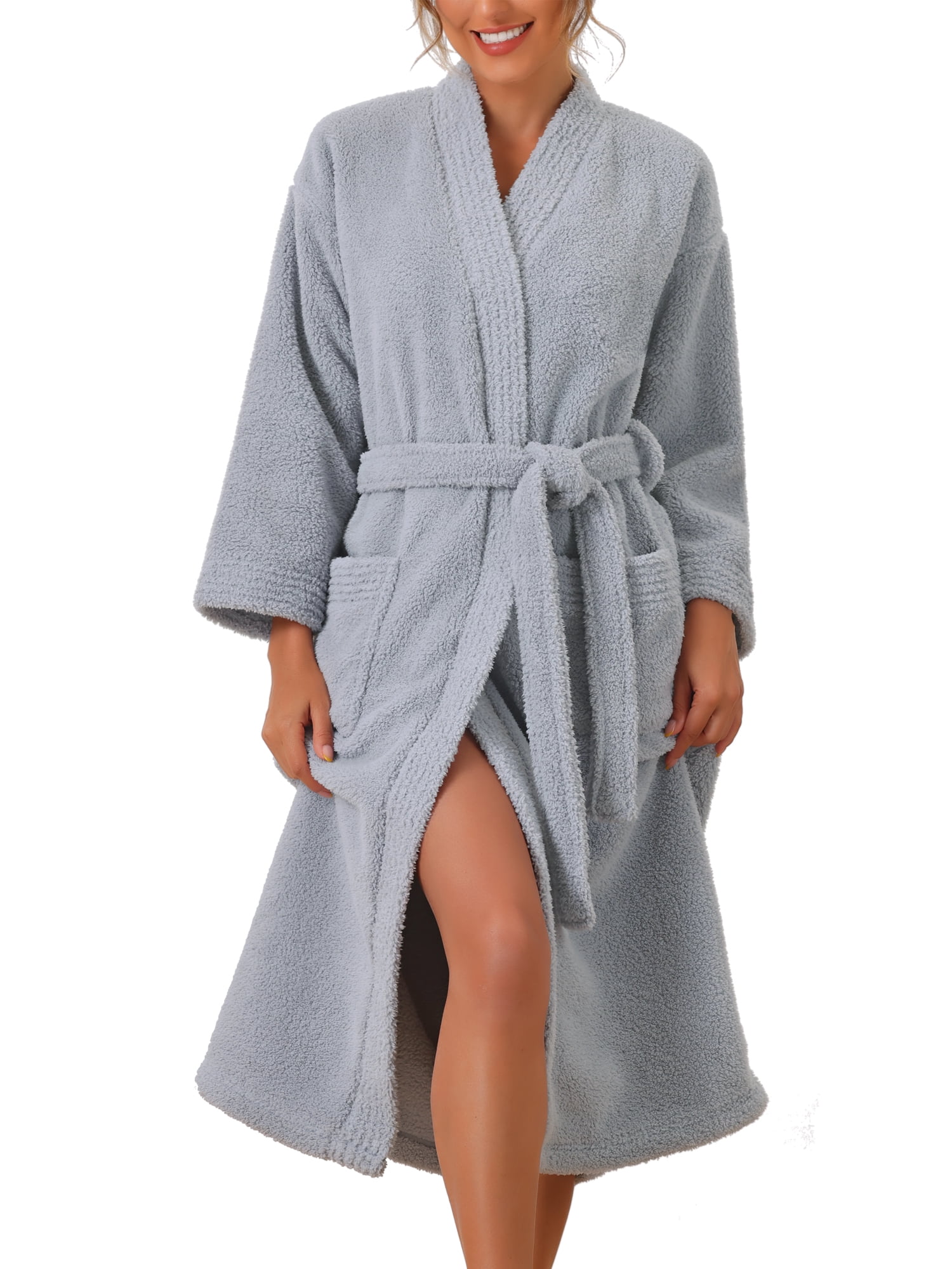 DARING DIVA Fuzzy Fluffy Plush Bathrobe for After Shower Spa Bath S Light Grey
