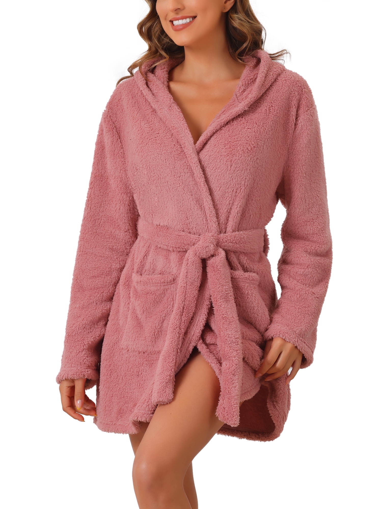 DARING DIVA Fuzzy Hooded Plush Bath Robe Mini Bathrobe L Pink