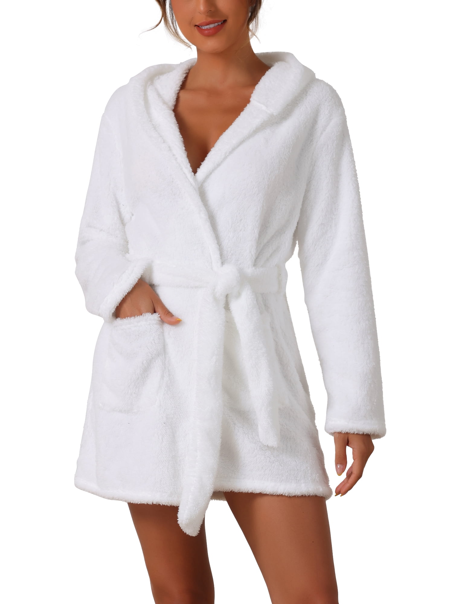 DARING DIVA Fuzzy Hooded Plush Bath Robe Mini Bathrobe L White