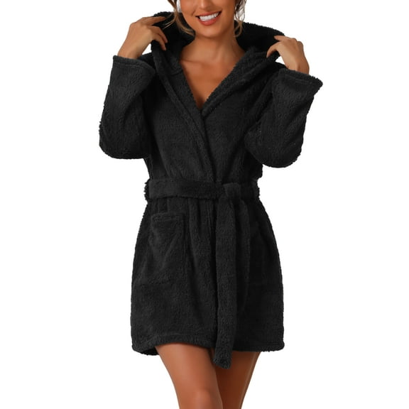 DARING DIVA Fuzzy Hooded Plush Bath Robe Mini Bathrobe M Black