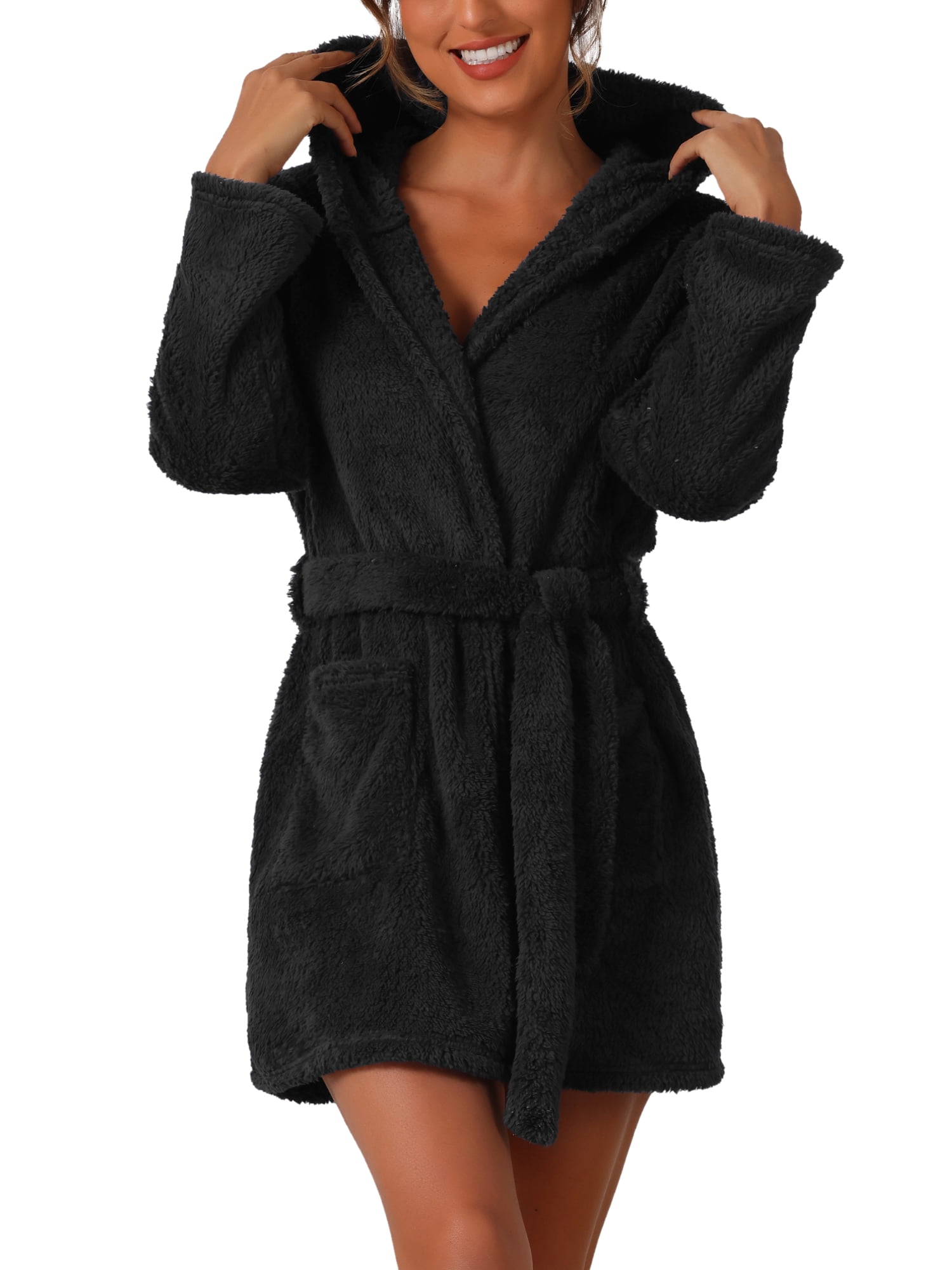 DARING DIVA Fuzzy Hooded Plush Bath Robe Mini Bathrobe S Black