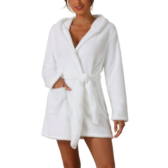 DARING DIVA Fuzzy Hooded Plush Bath Robe Mini Bathrobe XS White