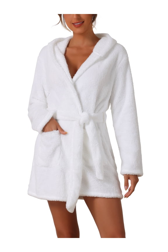 Fuzzy Hooded Plush Bath Robe Mini Bathrobe XS White