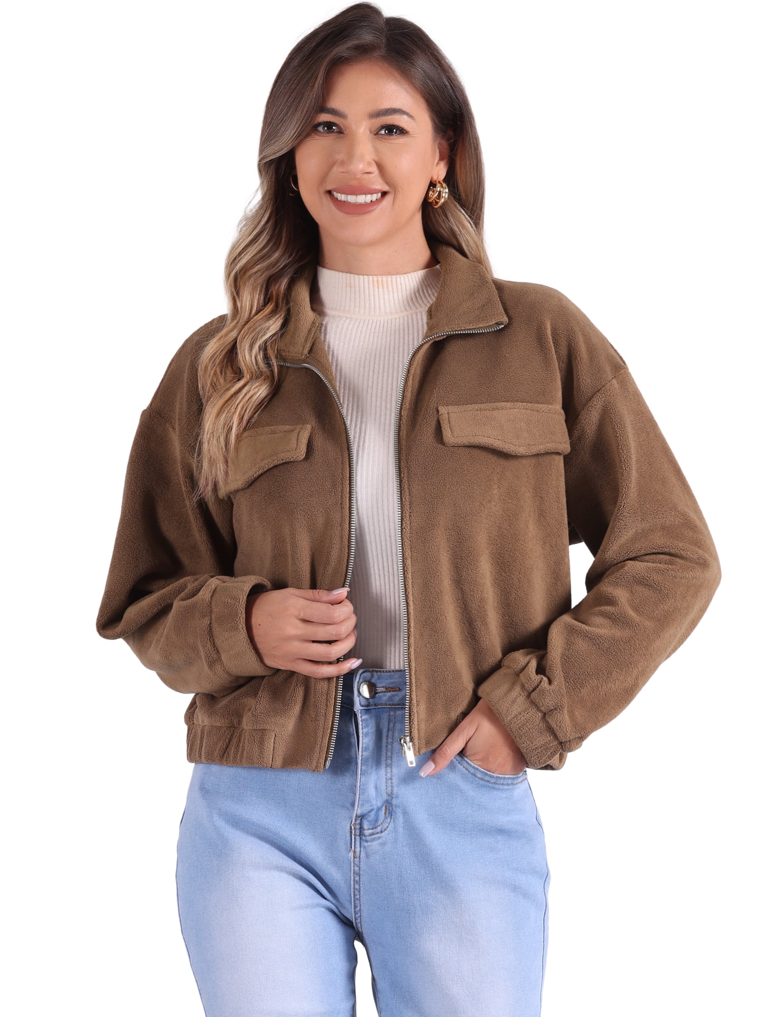 DARING DIVA Fuzzy Short Jacket Stand Collar Casual Crop Coat M Brown