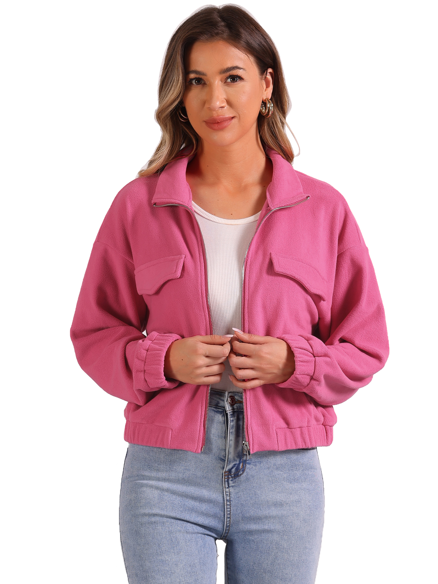 DARING DIVA Fuzzy Short Jacket Stand Collar Casual Crop Coat M Hot Pink