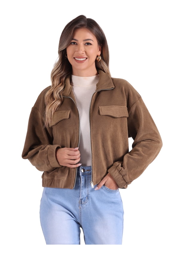 Fuzzy Short Jacket Stand Collar Casual Crop Coat S Brown