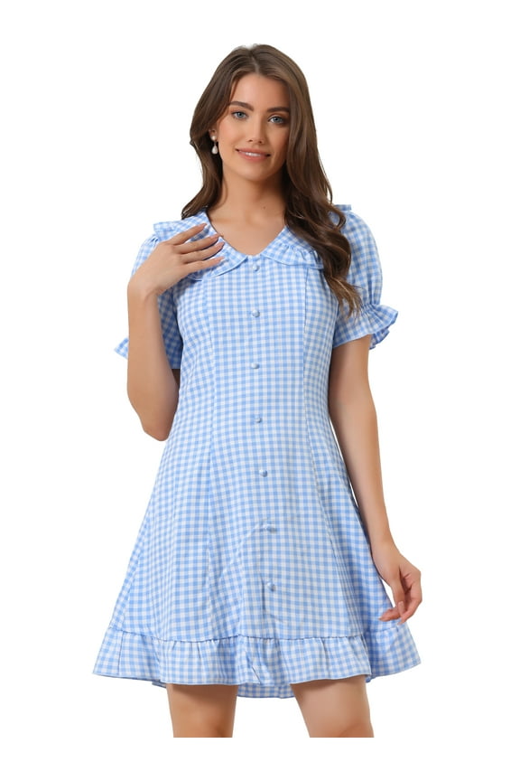 Gingham Print Ruffled Doll Collar Puff Sleeve Mini Dress L Light Blue