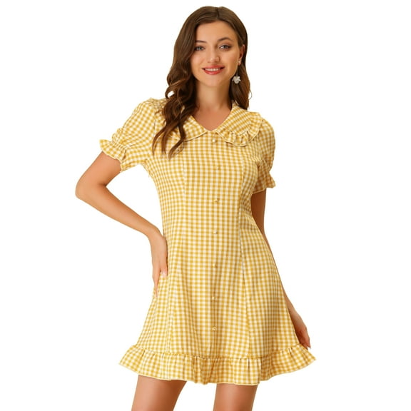 DARING DIVA Gingham Print Ruffled Doll Collar Puff Sleeve Mini Dress L Yellow