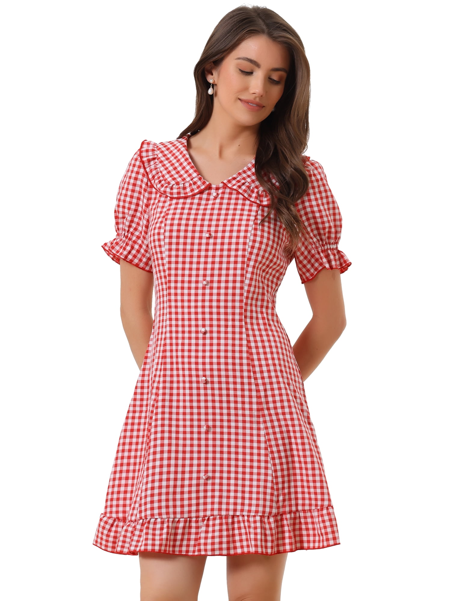 DARING DIVA Gingham Print Ruffled Doll Collar Puff Sleeve Mini Dress M Red