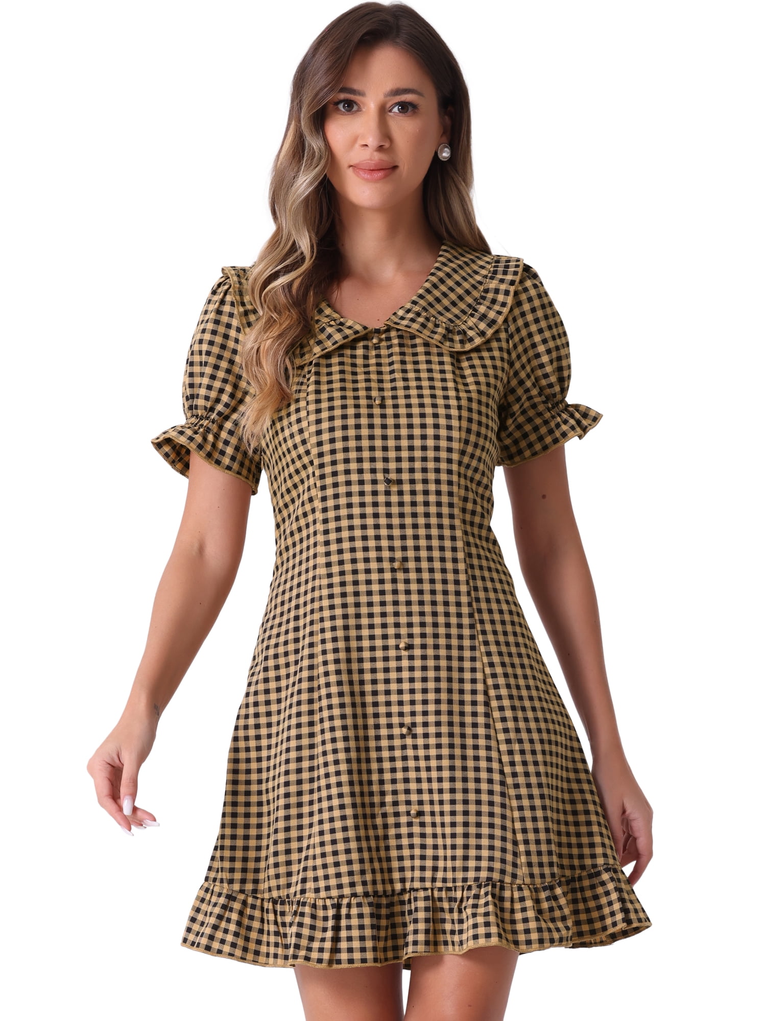 DARING DIVA Gingham Print Ruffled Doll Collar Puff Sleeve Mini Dress S Dark Brown