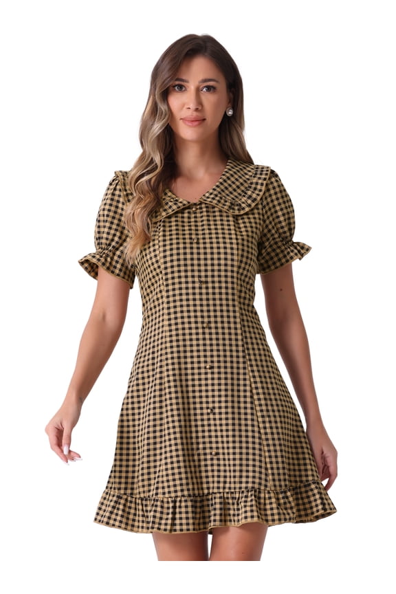 Gingham Print Ruffled Doll Collar Puff Sleeve Mini Dress S Dark Brown