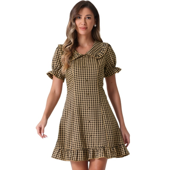DARING DIVA Gingham Print Ruffled Doll Collar Puff Sleeve Mini Dress S Dark Brown