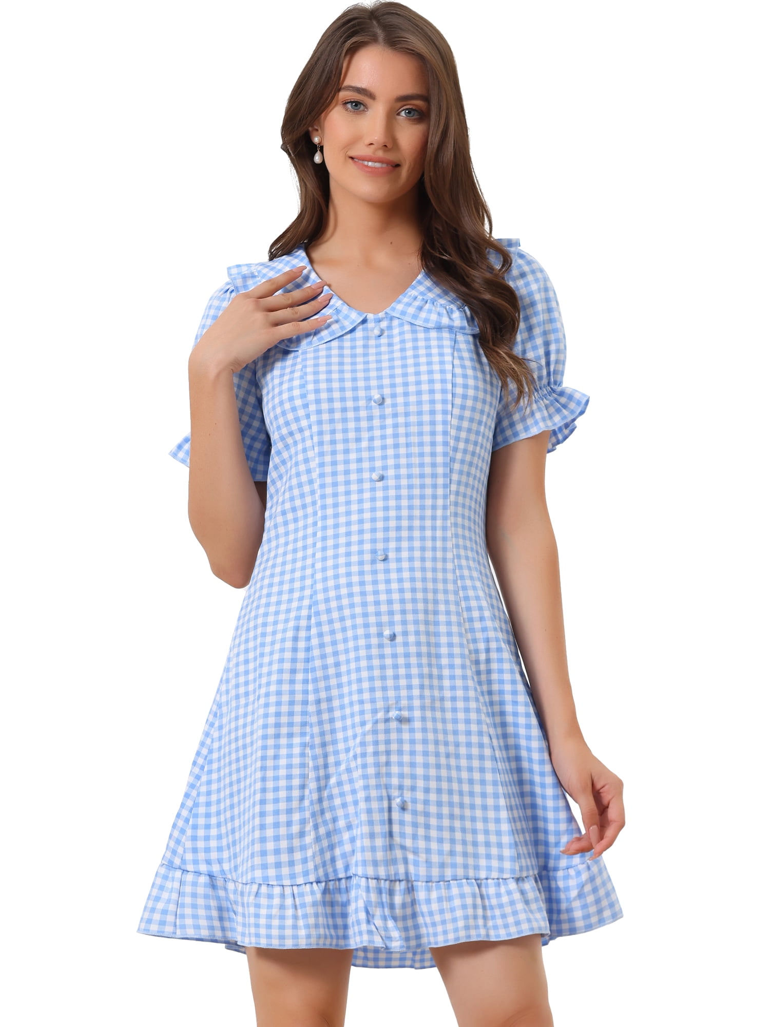 DARING DIVA Gingham Print Ruffled Doll Collar Puff Sleeve Mini Dress S Light Blue