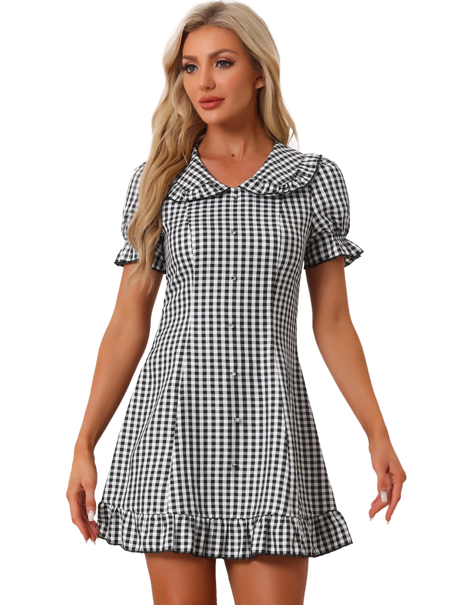 DARING DIVA Gingham Print Ruffled Doll Collar Puff Sleeve Mini Dress XS Black White