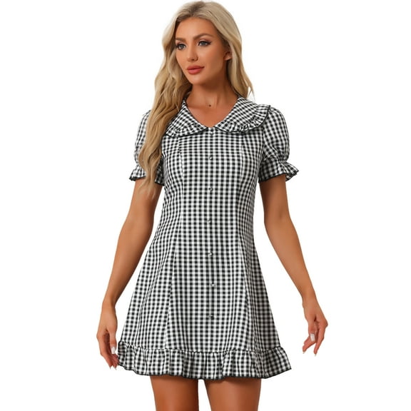 DARING DIVA Gingham Print Ruffled Doll Collar Puff Sleeve Mini Dress XS Black White
