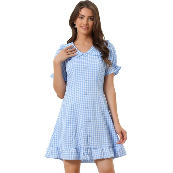 DARING DIVA Gingham Print Ruffled Doll Collar Puff Sleeve Mini Dress XS Light Blue