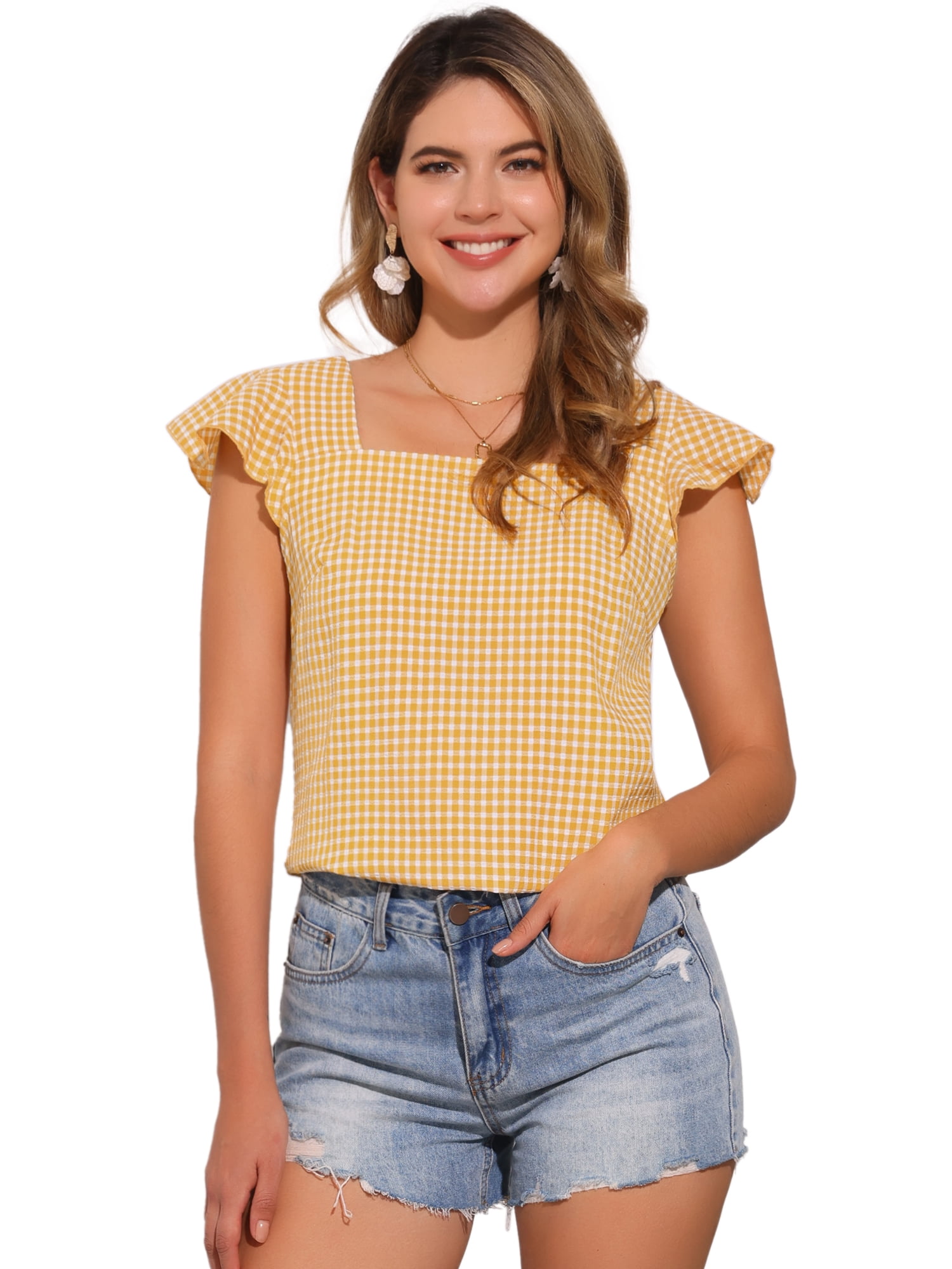 DARING DIVA Gingham Square Neck Ruffle Sleeve Blouse XL Light Yellow