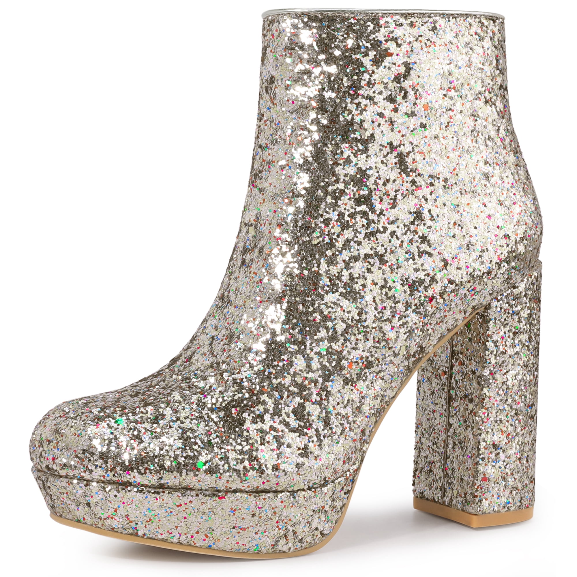 DARING DIVA Glitter Platform Round Toe Chunky Heels Ankle Boots Silver 8.5