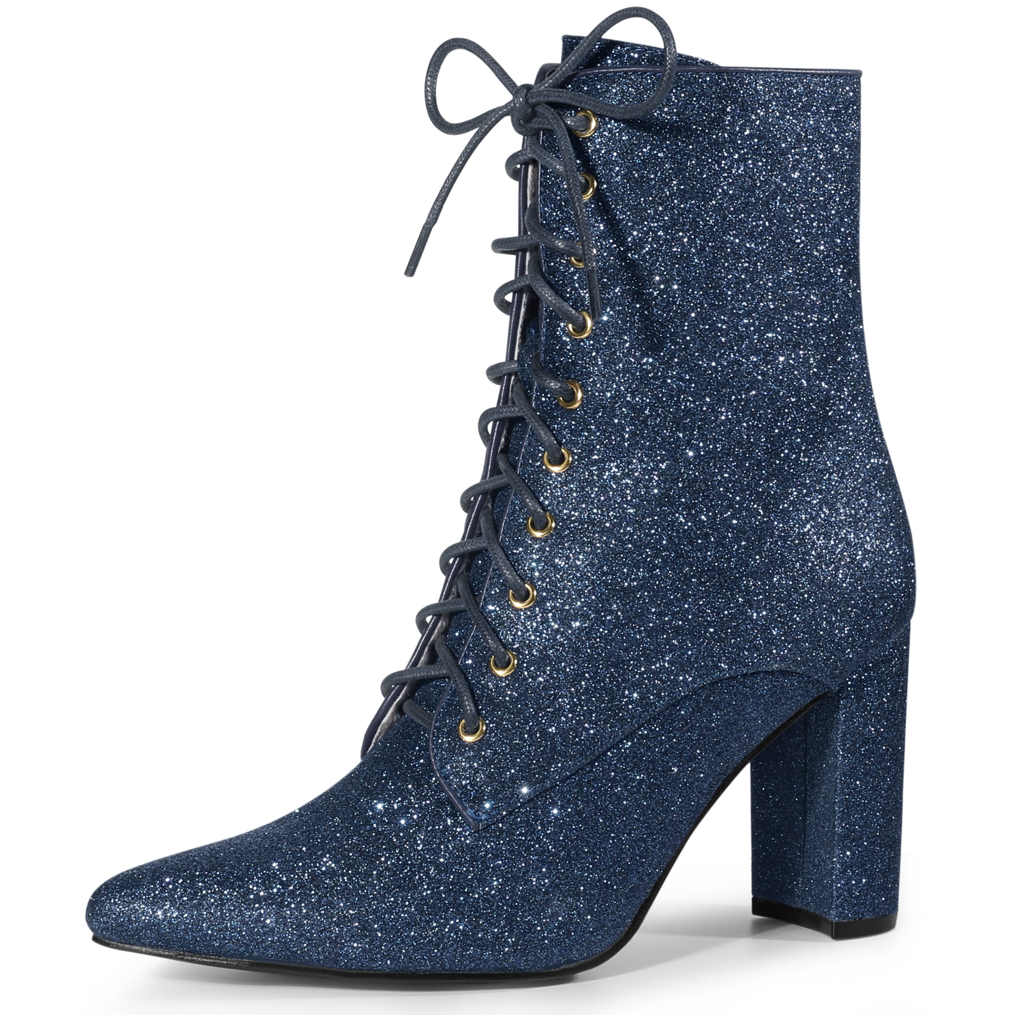 DARING DIVA Glitter Pointed Toe Block Heel Ankle Boots Navy Blue 6