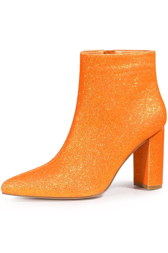 DARING DIVA Glitter Pointed Toe Chunky Heel Ankle Boots Orange 7