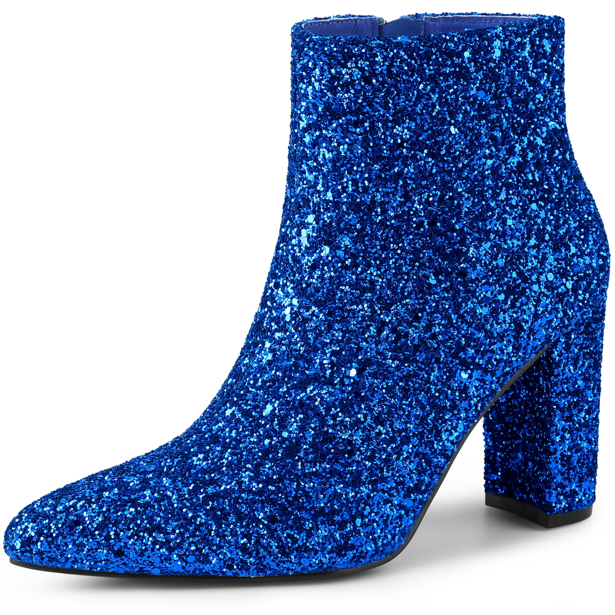 DARING DIVA Glitter Pointed Toe Chunky Heel Ankle Boots Royal Blue 7
