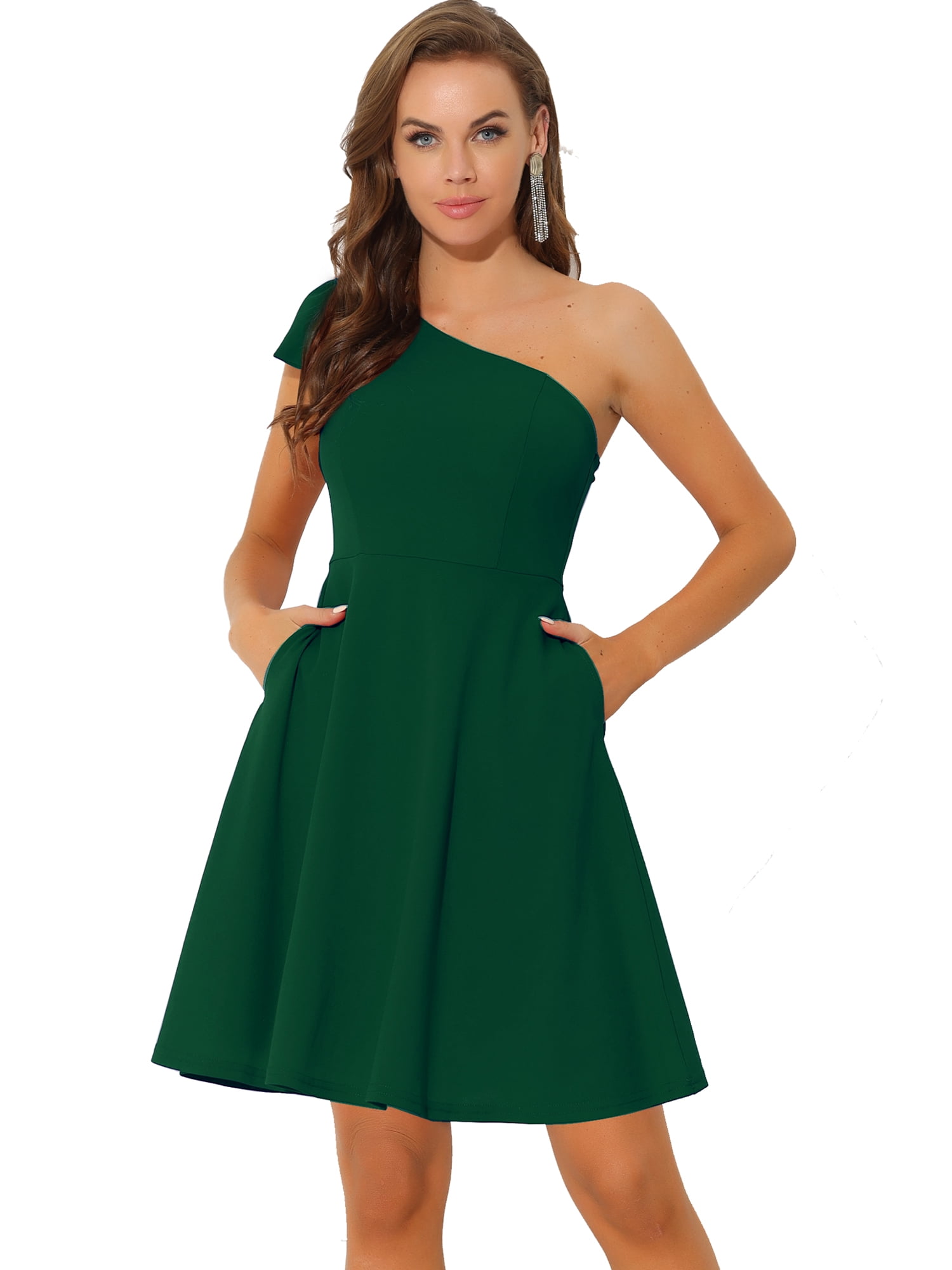 DARING DIVA Halloween Costume Bow One Shoulder with Pockets Swing Dress XS Dark Green