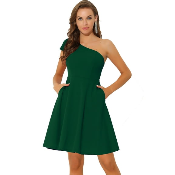 DARING DIVA Halloween Costume Bow One Shoulder with Pockets Swing Dress XS Dark Green
