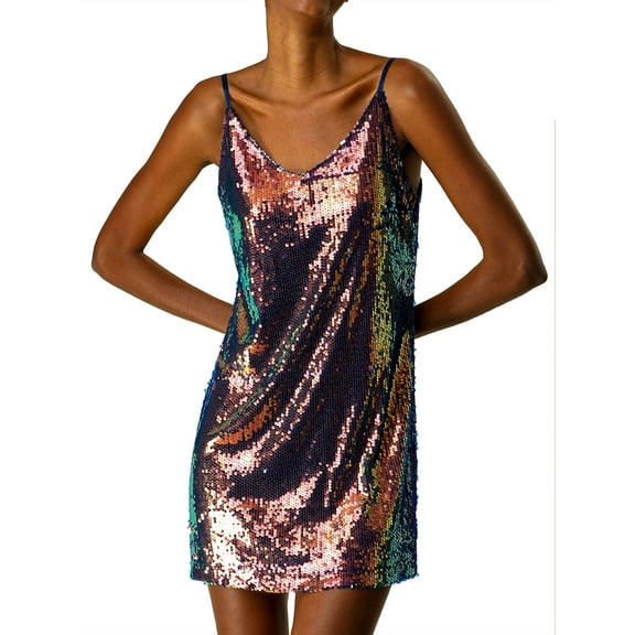 DARING DIVA Halloween Costume Glitter Sequin Spaghetti Strap Dress S Multicolor