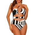 thumbnail image 1 of DARING DIVA Halter Allover Print Criss Cross Color Block Swimsuit XL White, 1 of 6