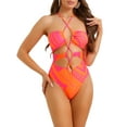 thumbnail image 1 of DARING DIVA Halter Allover Print Criss Cross Color Block Swimsuit XS Rose Red, 1 of 6