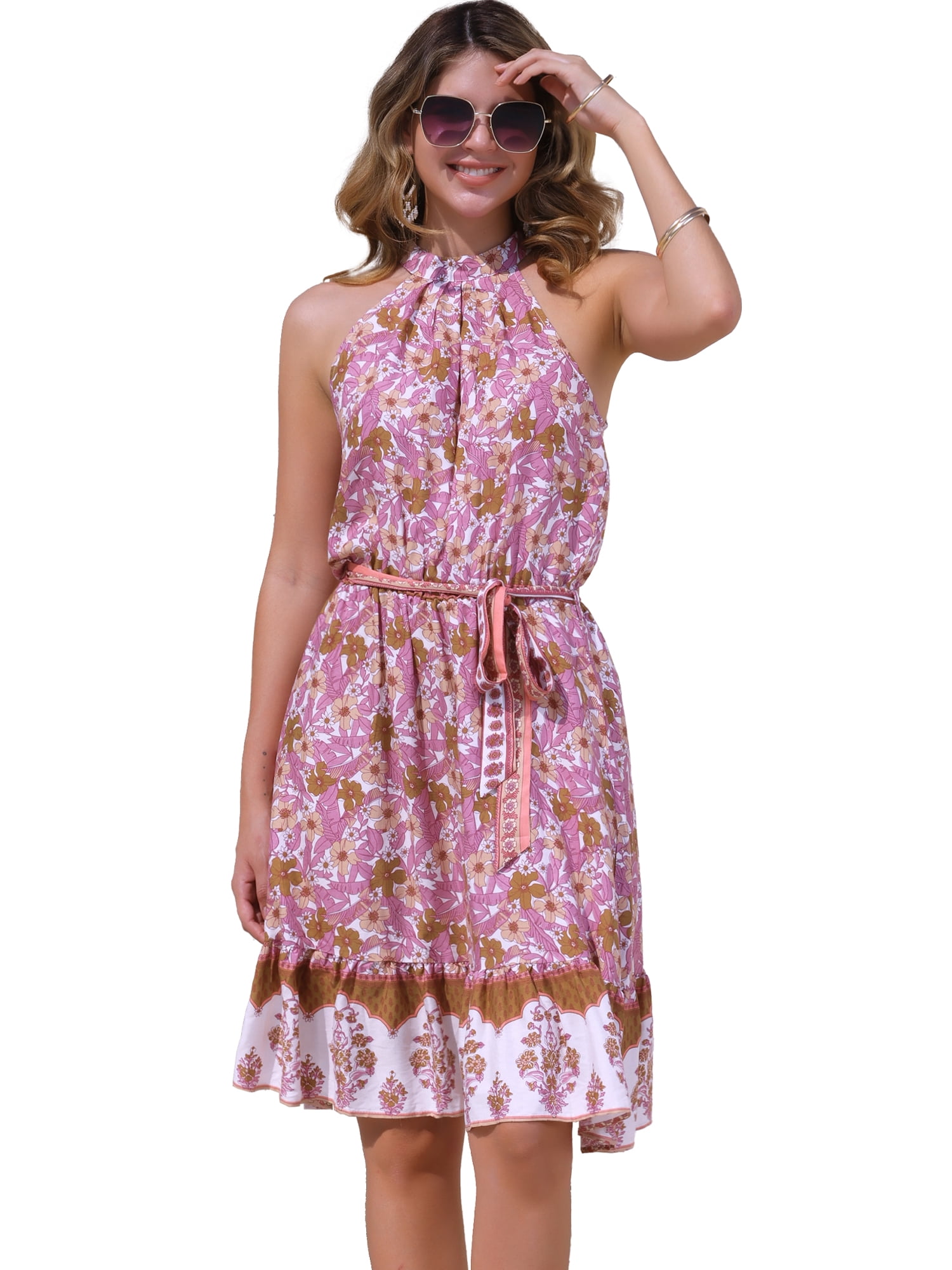 DARING DIVA Halter Neck Sleeveless Floral Boho Dress M White Pink