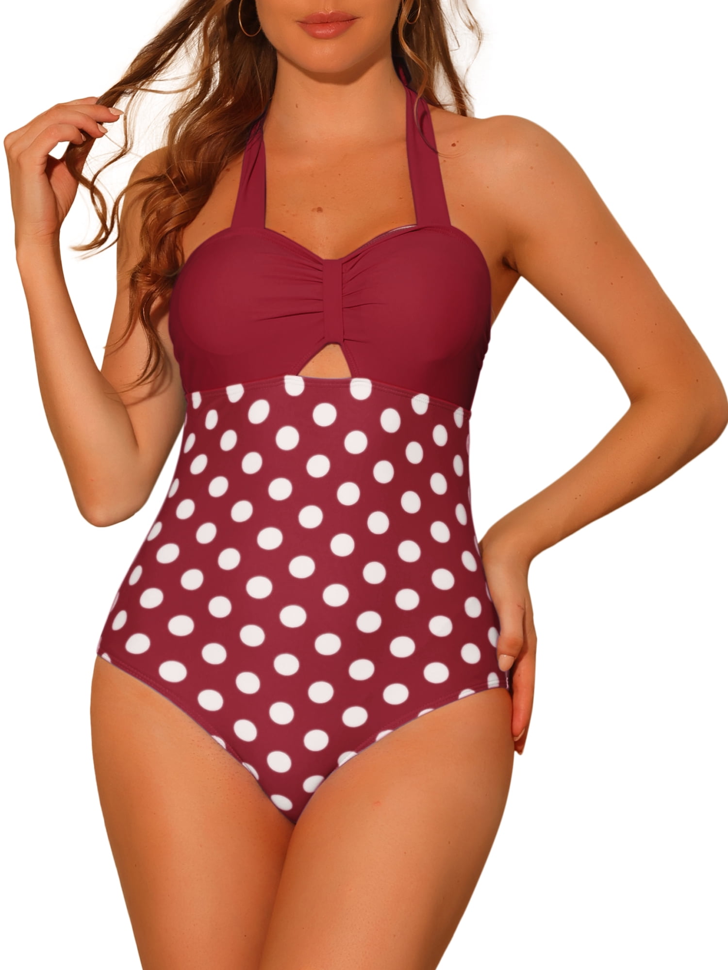 DARING DIVA Halterneck Polka Dot Tummy Control Swimsuit L Maroon Red