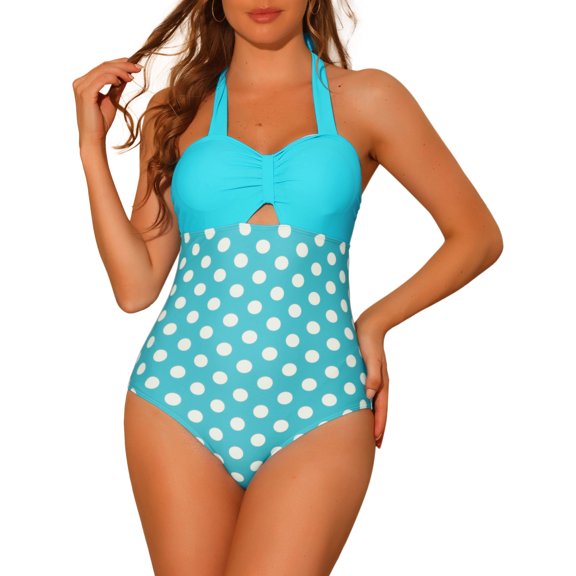 DARING DIVA Halterneck Polka Dot Tummy Control Swimsuit XS Cyan